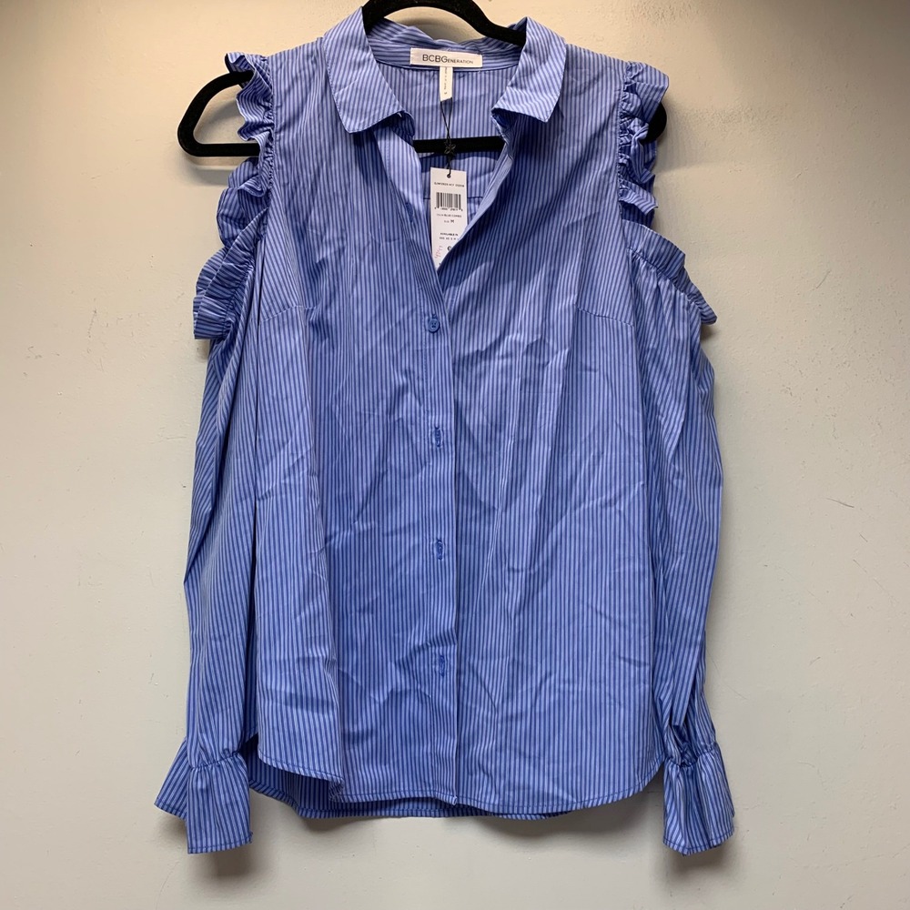 BCBGeneration Blouse Womens M Blue New Cold Shoulder Ruffle Pinstripe Cotton